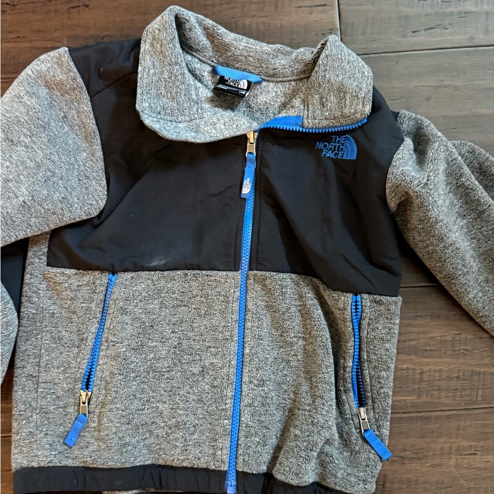 The North Face Heather Gray and Black Jacket with Bright Blue Zippers
